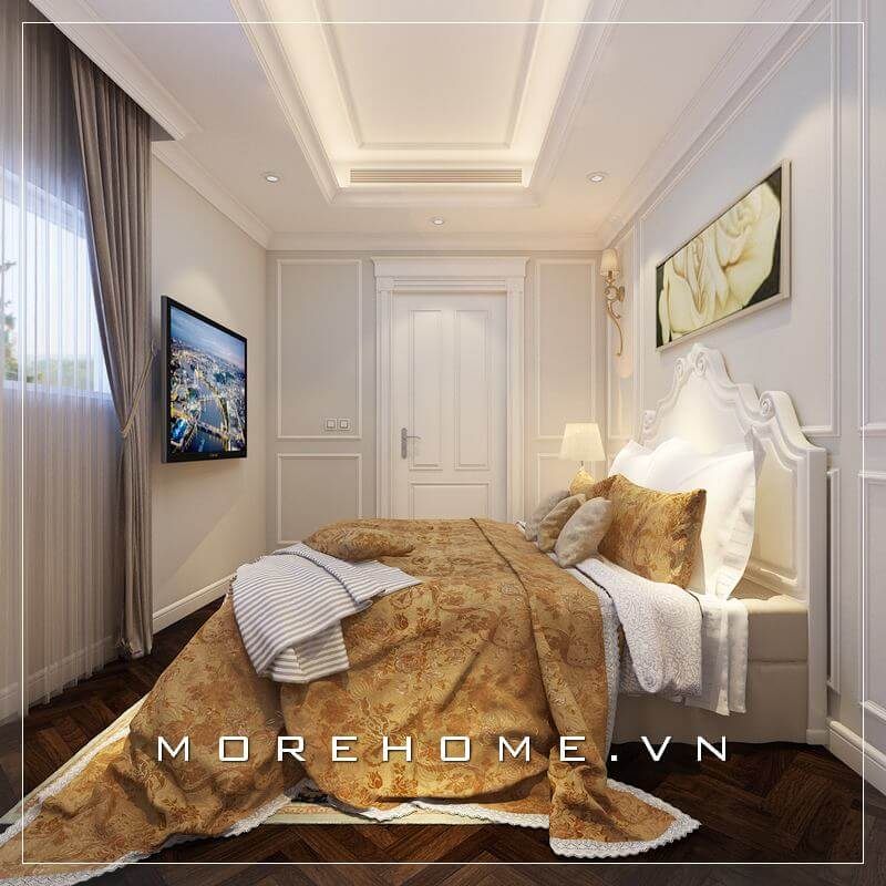 Giường ngủ gỗ tự nhiên phun sơn cao cấp, gam màu trắng tinh tế chủ đạo được lựa chọn tạo cho không gian phòng ngủ chung cư nhỏ thêm rộng và thoáng đãng hơn